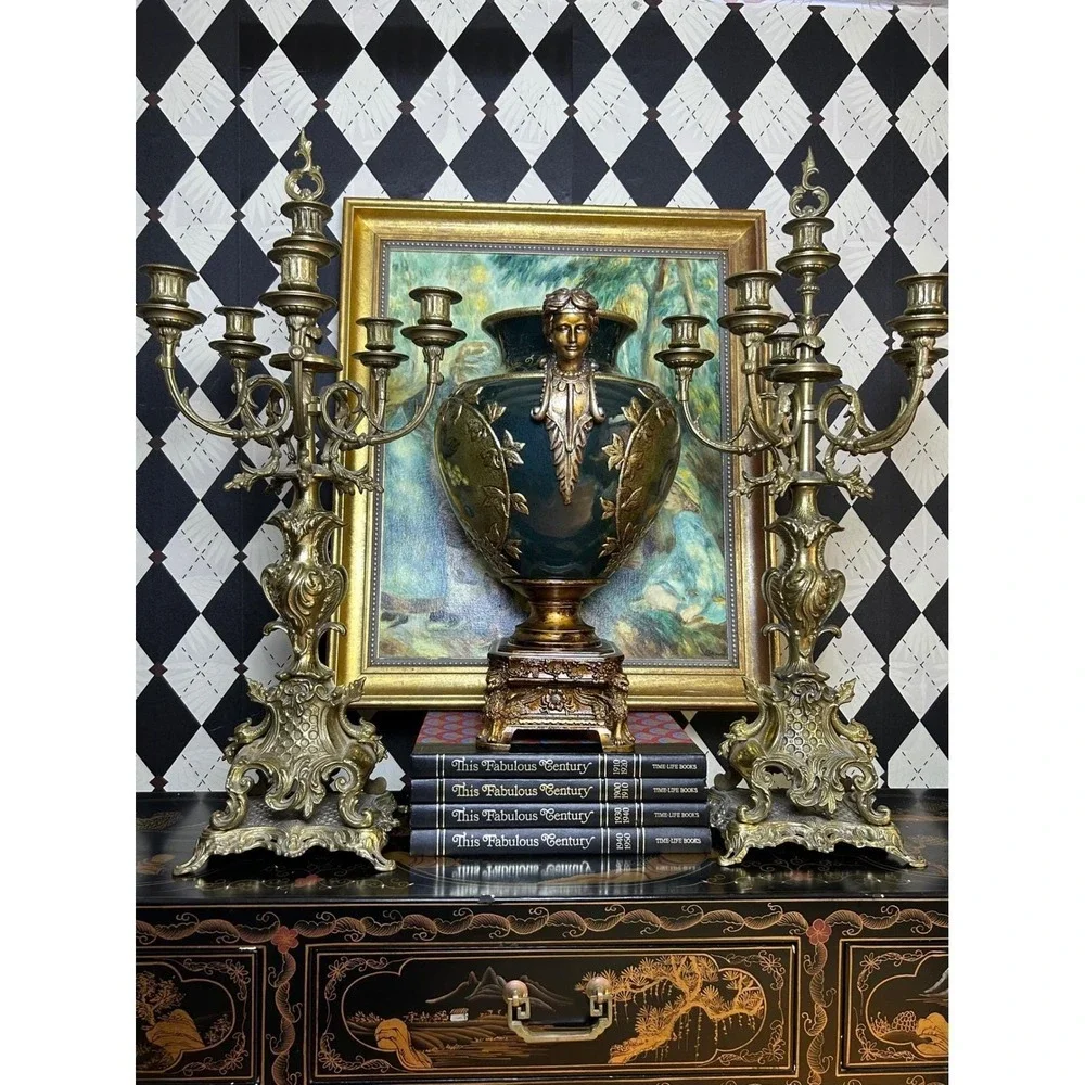 Grand-sized‎ Brass Rococo Candelabra Pair 28in Baroque 6 Arm Candle Holders